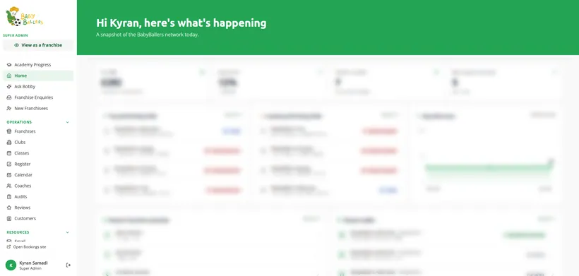 BabyBallers franchise CRM dashboard